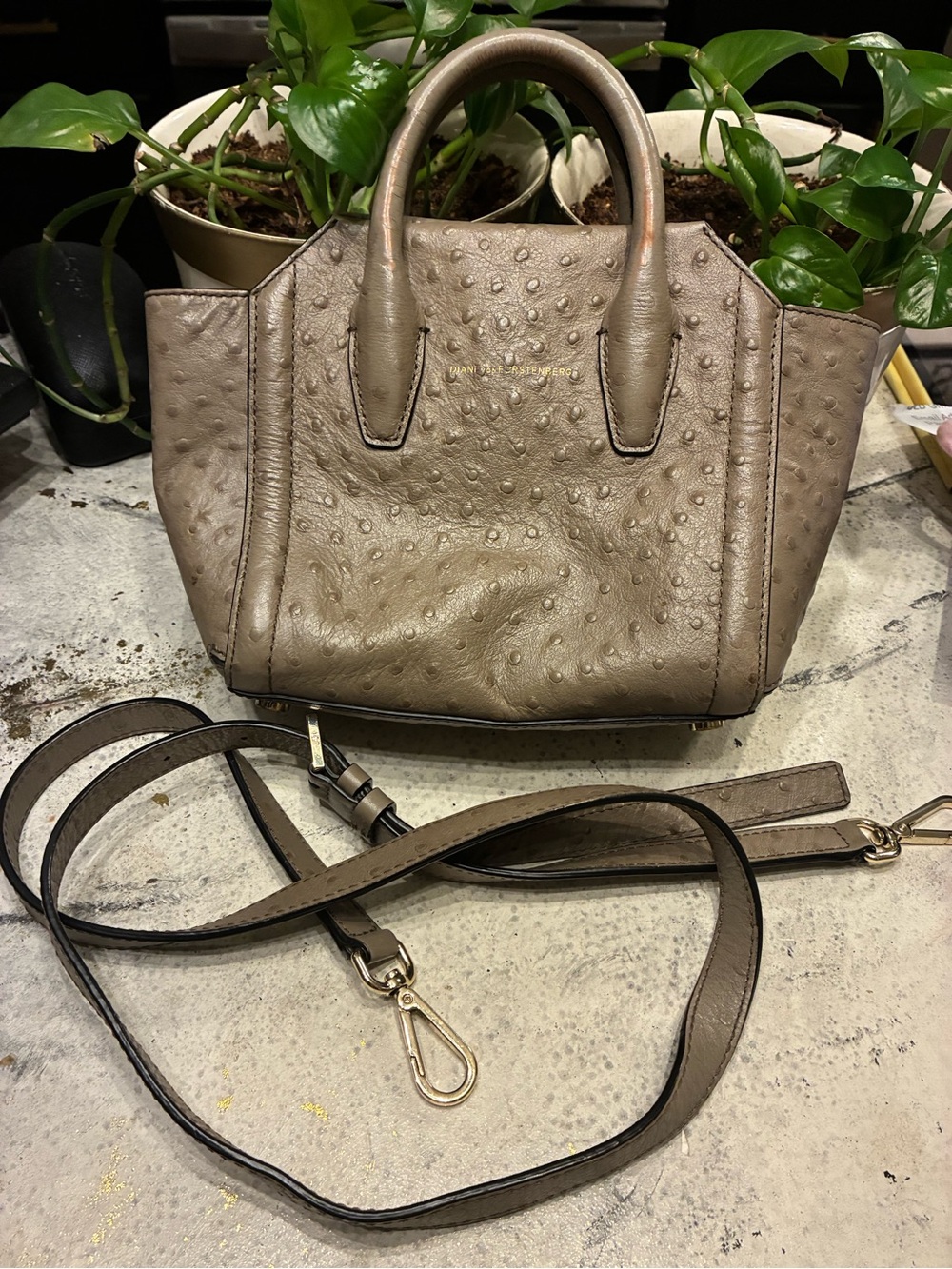 Diane Von Furstenberg Taupe Ostrich-Texture Satchel with Detachable Strap